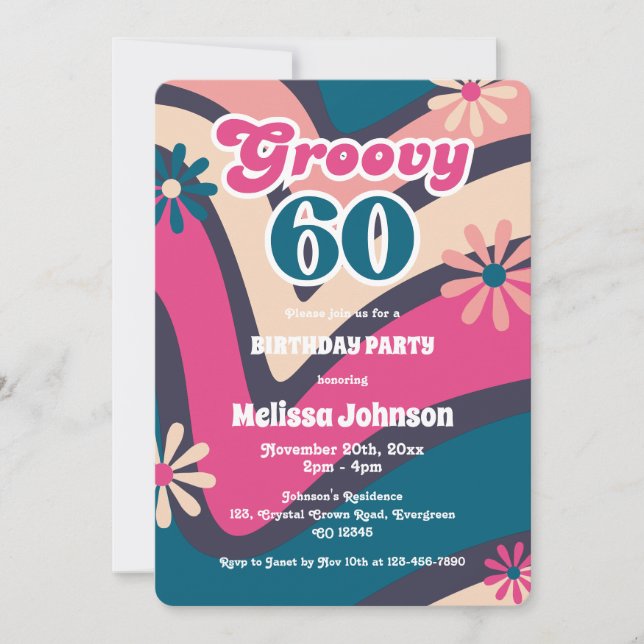 Retro Wave Daisies Groovy 60th Bubblegum Birthday Invitation (Front)