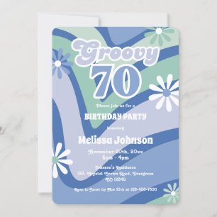 Retro Wave Daisies Groovy 70th Blue Birthday Invitation