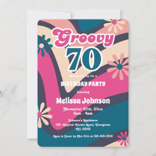Retro Wave Daisies Groovy 70th Bubblegum Birthday Invitation