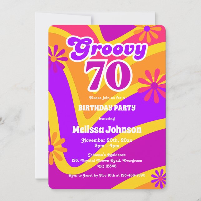 Retro Wave Daisies Groovy 70th Orange Birthday Invitation (Front)