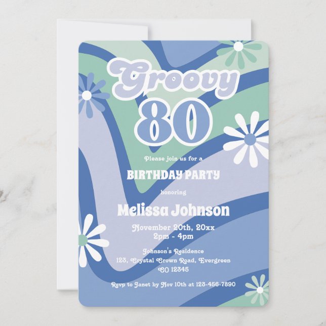 Retro Wave Daisies Groovy 80th Blue Birthday Invitation (Front)