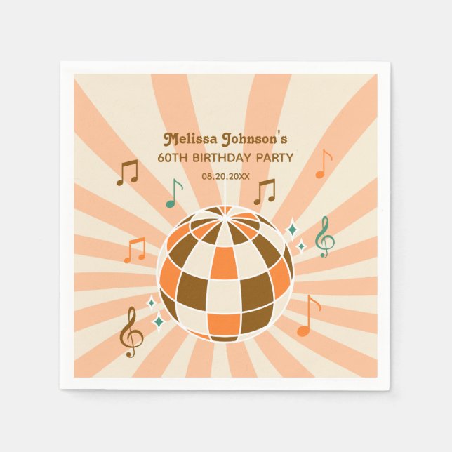 Retro Wave Disco Ball Musical Orange Birthday Napkins (Front)