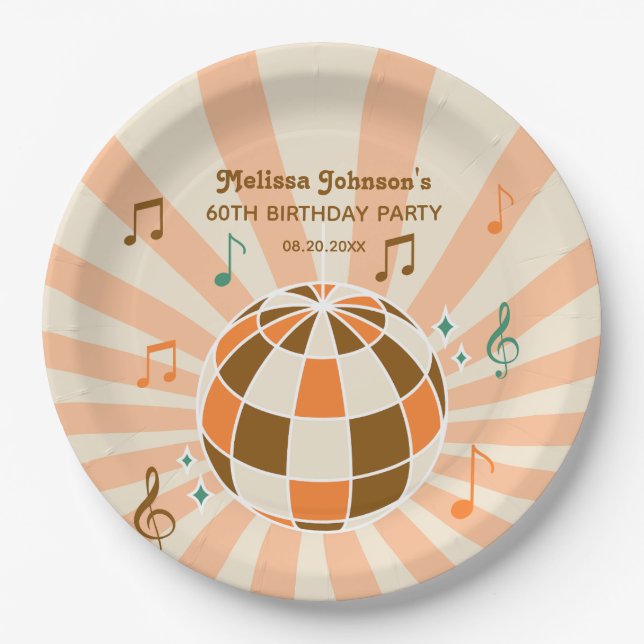 Retro Wave Disco Ball Musical Orange Birthday Paper Plates (Front)