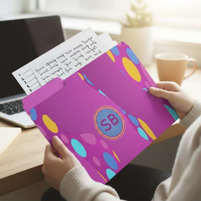 Retro Wave Dots Bright & Modern File Folders (Trendy pink files with dots and waves. Put your own initials on the front or whatever you need.)