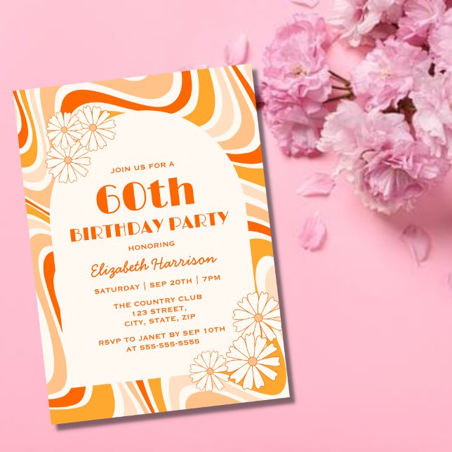 Retro Wave Flower Arch Orange Peach Birthday Invitation (Creator Uploaded)