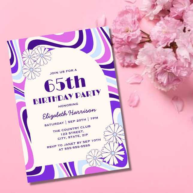Retro Wave Flower Arch Violet Blue Birthday Invitation (Creator Uploaded)