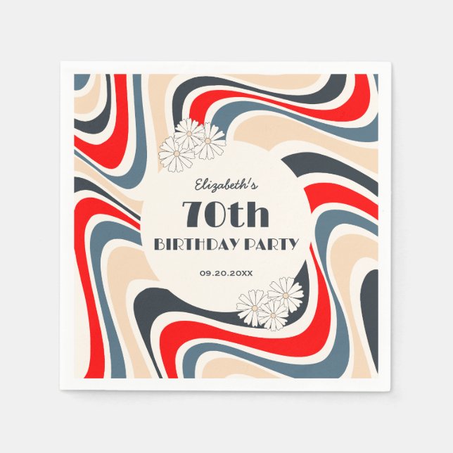 Retro Wave Flower Grey Red Birthday Napkins (Front)