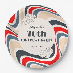 Retro Wave Flower Grey Red Birthday Paper Plates