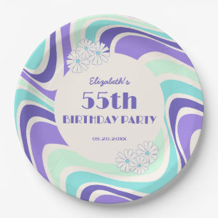 Retro Wave Flower Mint Blue Birthday Paper Plates
