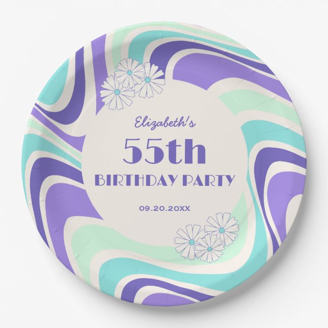 Retro Wave Flower Mint Blue Birthday Paper Plates (Front)