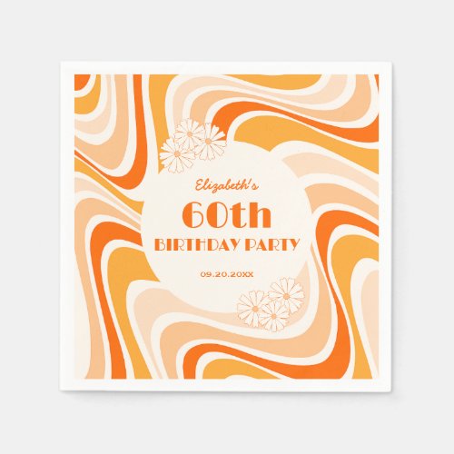 Retro Wave Flower Orange Peach Birthday Napkins