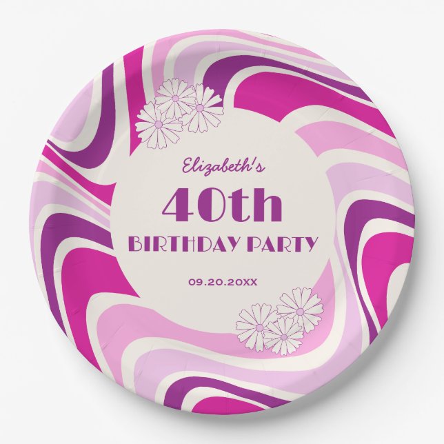 Retro Wave Flower Purple Pink Birthday Paper Plates (Front)