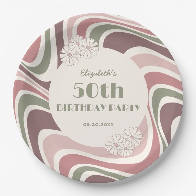 Retro Wave Flower Sage Brown Peach Birthday Paper Plates (Front)