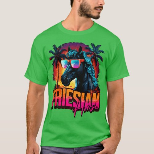 Retro Wave Friesian Horse Miami Vibe T_Shirt