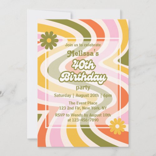 Retro Wave Groovy Flower Green 40th Birthday  Invitation