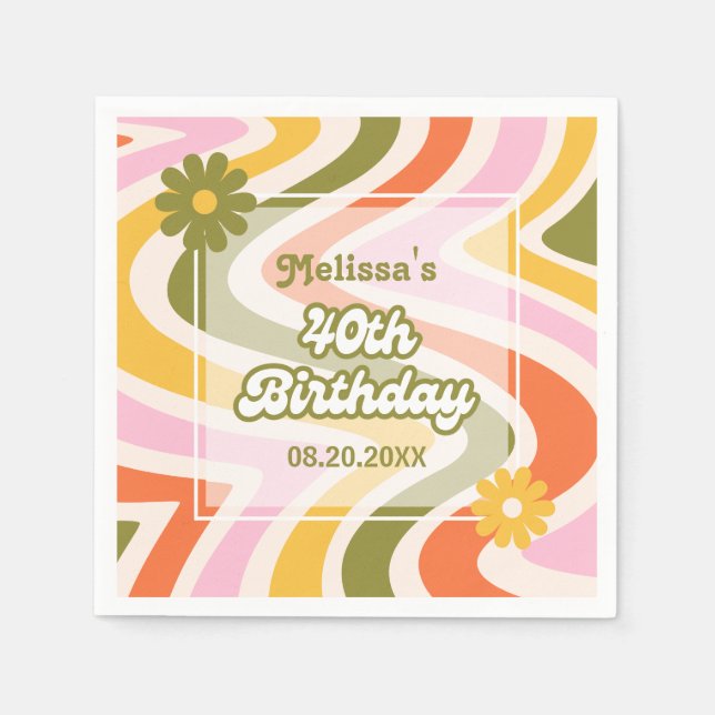 Retro Wave Groovy Flower Green 40th Birthday  Napkins (Front)