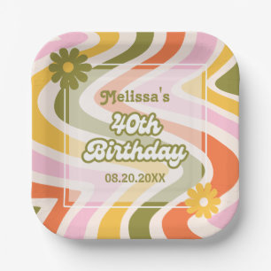 Retro Wave Groovy Flower Green 40th Birthday Paper Plates