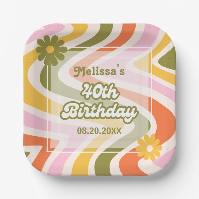 Retro Wave Groovy Flower Green 40th Birthday  Paper Plates (Front)