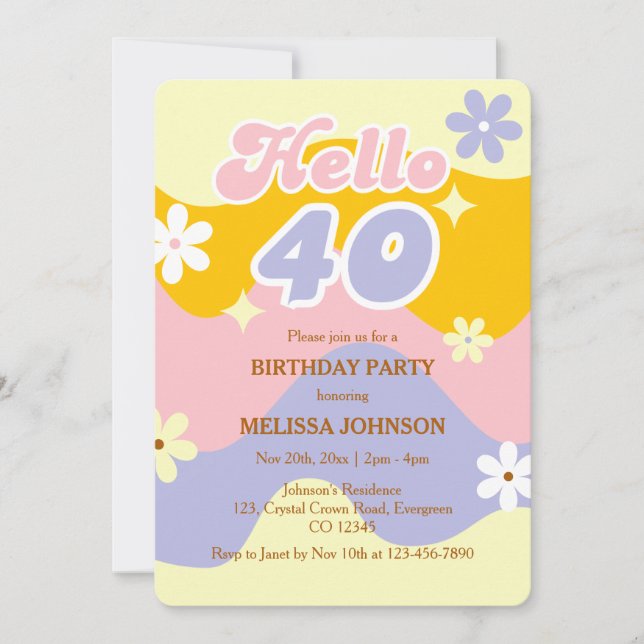 Retro Wave Groovy Flower Hello 40th Birthday  Invitation (Front)