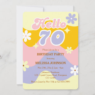 Retro Wave Groovy Flower Hello 70th Birthday Invitation