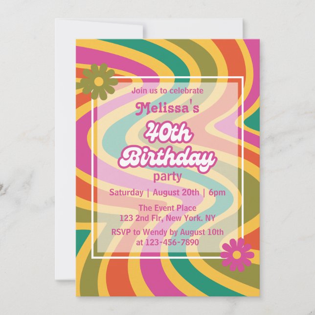 Retro Wave Groovy Flower Purple 40th Birthday  Invitation (Front)