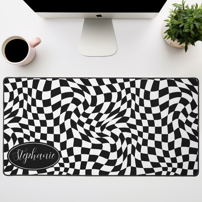  Retro Wave: Modern Wavy Black Checkerboard Desk Mat (Creator Uploaded)