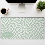 Retro Wave: Modern Wavy Mint Green Checkerboard Desk Mat<br><div class="desc">Elevate your workspace with this Modern Wavy Checkerboard Pattern Personalized Desk Mat. This mat presents a playful twist on a classic checkerboard, brought to life with an undulating wave pattern in shades of mint green and cream. The personalized feature offers an extra touch of individuality, making your workspace truly your...</div>
