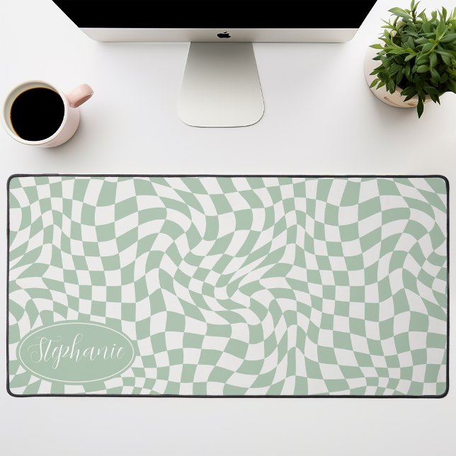 Retro Wave: Modern Wavy Mint Green Checkerboard Desk Mat (Creator Uploaded)