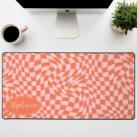 Retro Wave: Modern Wavy Orange Pink Checkerboard Desk Mat<br><div class="desc">Elevate your workspace with this Modern Wavy Checkerboard Pattern Personalized Desk Mat. This mat presents a playful twist on a classic checkerboard, brought to life with an undulating wave pattern in shades of orange and pink. The personalized feature offers an extra touch of individuality, making your workspace truly your own....</div>