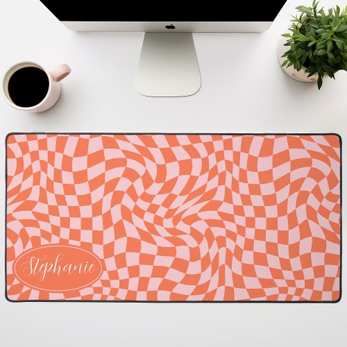 Retro Wave Modern Wavy Orange Pink Checkerboard Desk Mat