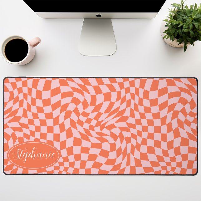  Retro Wave: Modern Wavy Orange Pink Checkerboard Desk Mat (Creator Uploaded)