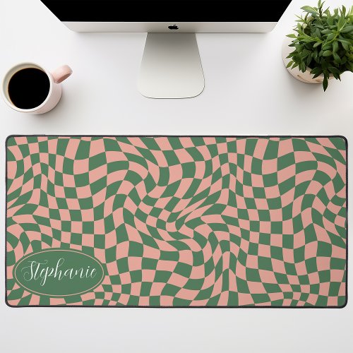  Retro Wave Modern Wavy Pink Green Checkerboard Desk Mat