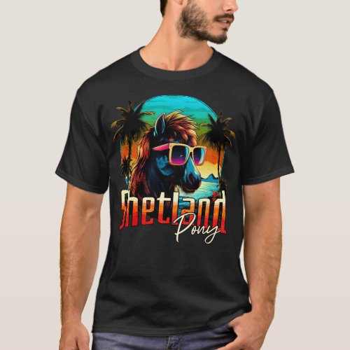 Retro Wave Shetland PonyHorse Vibes Palm Design T_Shirt
