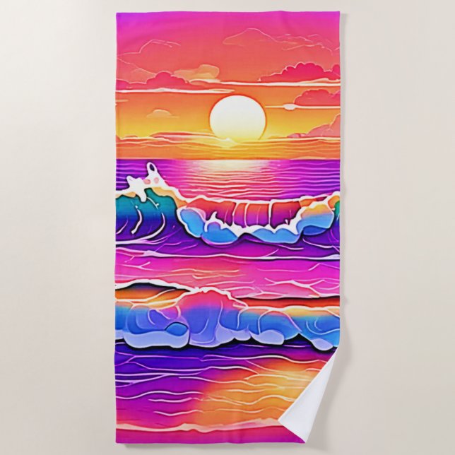 Retro Wave Sunset Serenity Beach Towel (Front)