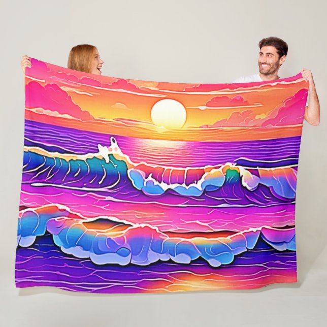 Retro Wave Sunset Serenity Fleece Blanket (In Situ)