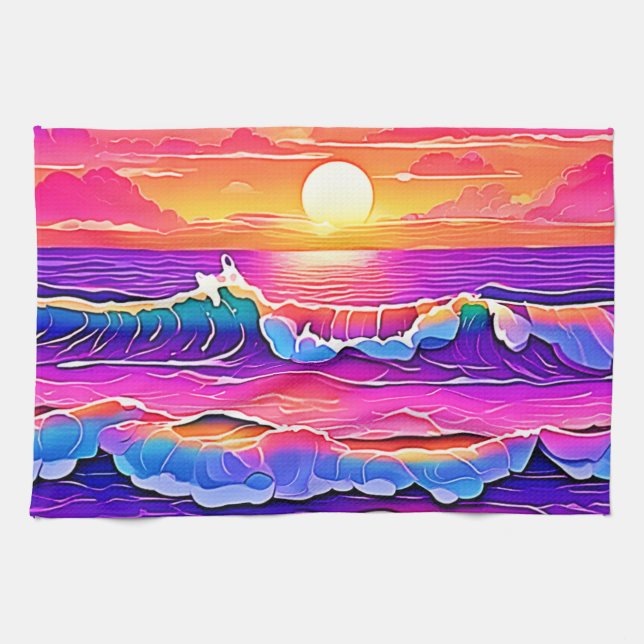 Retro Wave Sunset Serenity Kitchen Towel (Horizontal)