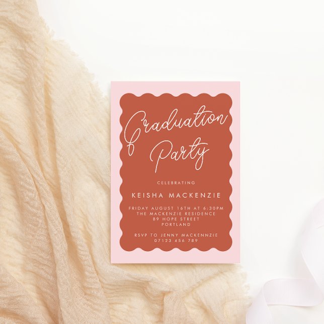 Retro Wave Terracotta & Blush Graduation Party Inv Invitation (Creator Uploaded)