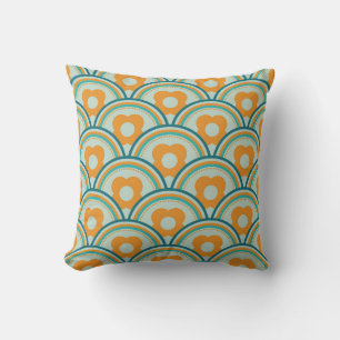 Retro Waves and Flowers Aqua, Teal, Orange Throw Pillow
