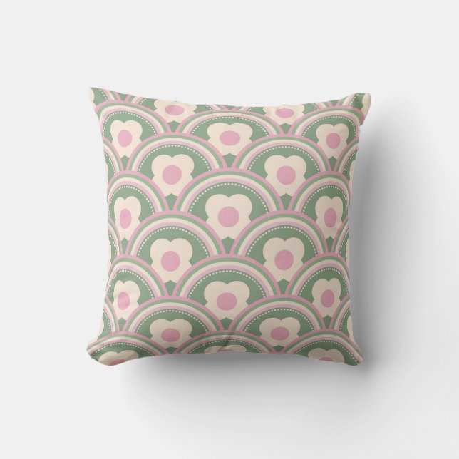 Retro Waves and Flowers Pink and Green Throw Pillow (Front)