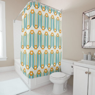 Retro Waves and Flowers, Teal, Aqua, Orange Shower Curtain