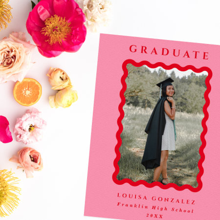 Retro Waves Pink & Red Photo Graduation Announcement