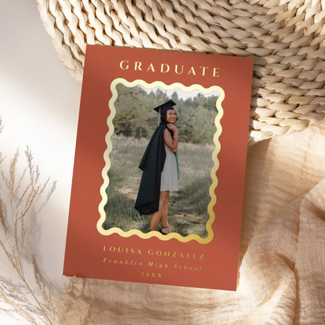 Retro Waves Terracotta & Gold Graduation Foil Invitation (Creator Uploaded)