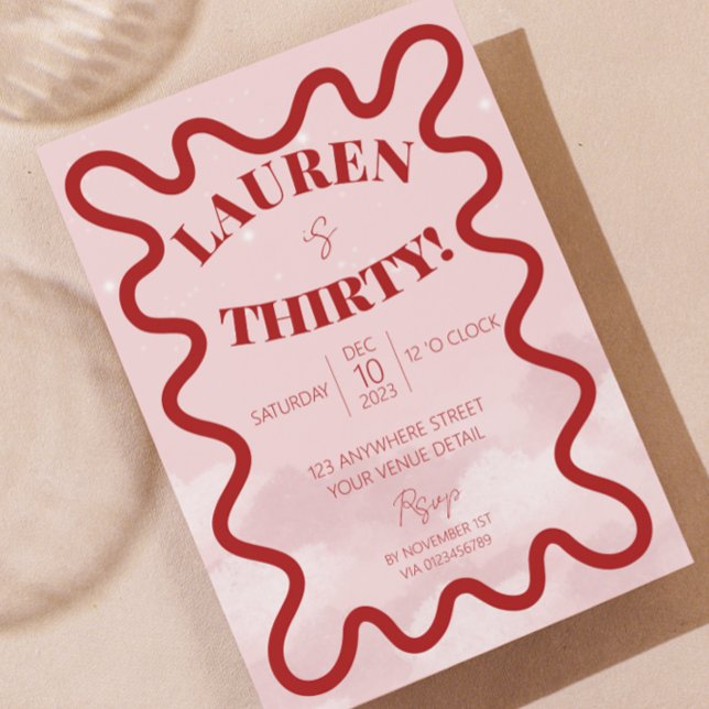 Retro Wavy 30th birthday party invitations (scallop edge wave border 30th birthday party invite red and pink)