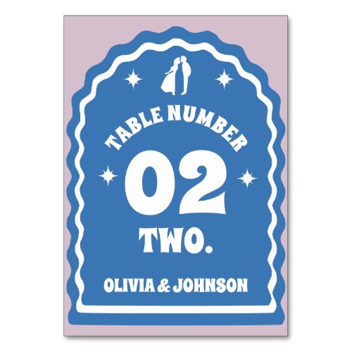 Retro Wavy Arch Blue  Purple Couples Photo Table Number