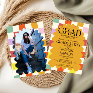 Retro Wavy Arch Colorful Graduation Party Photo Invitation