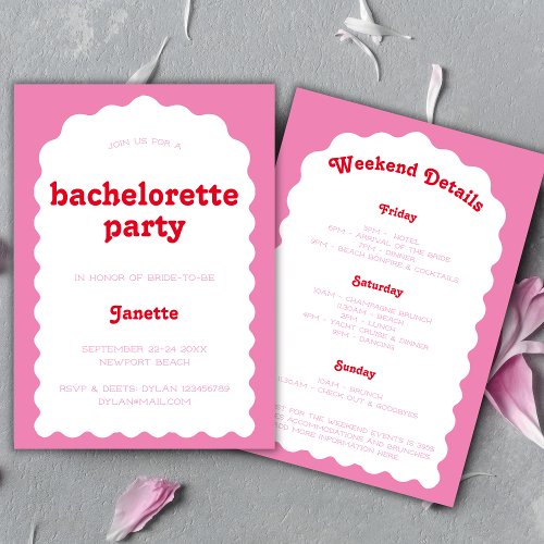 Retro Wavy Arch Pink And Red Bachelorette Weekend Invitation