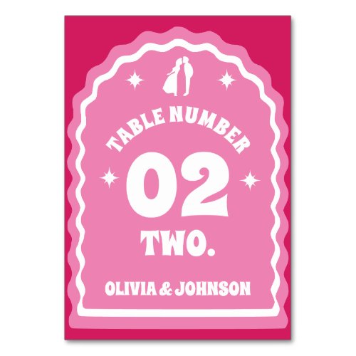 Retro Wavy Arch Pink  Magenta Couples Photo Table Number