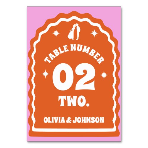 Retro Wavy Arch Pink  Orange Couples Photo Table Number