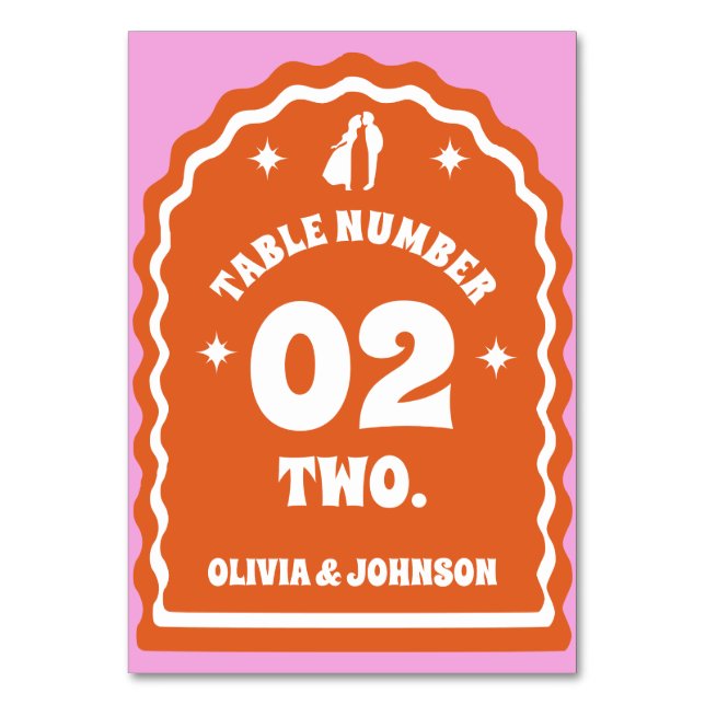 Retro Wavy Arch Pink & Orange Couples Photo Table Number (Front)