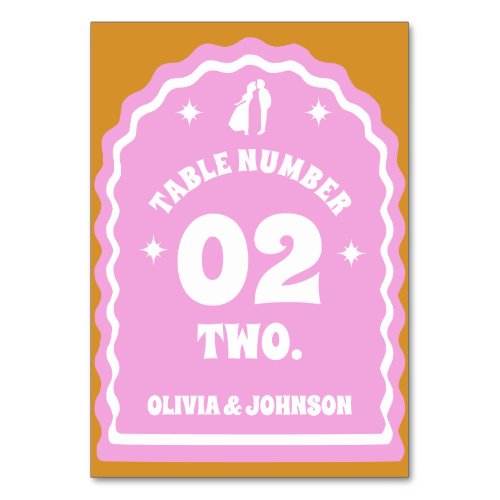 Retro Wavy Arch Pink  Yellow Couples Photo Table Number